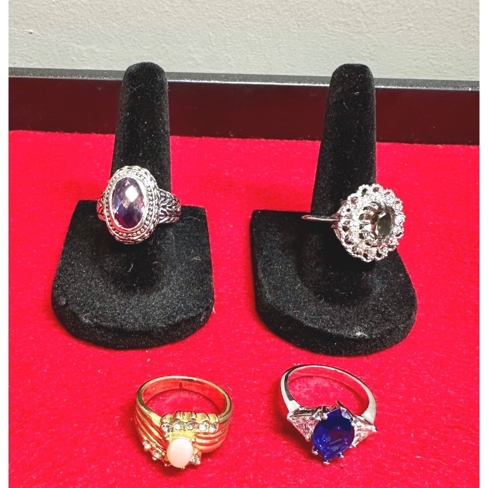 Lot 4 Costume Rings Sz 7 Blue Purple Stone Rhinestone Vintage Style